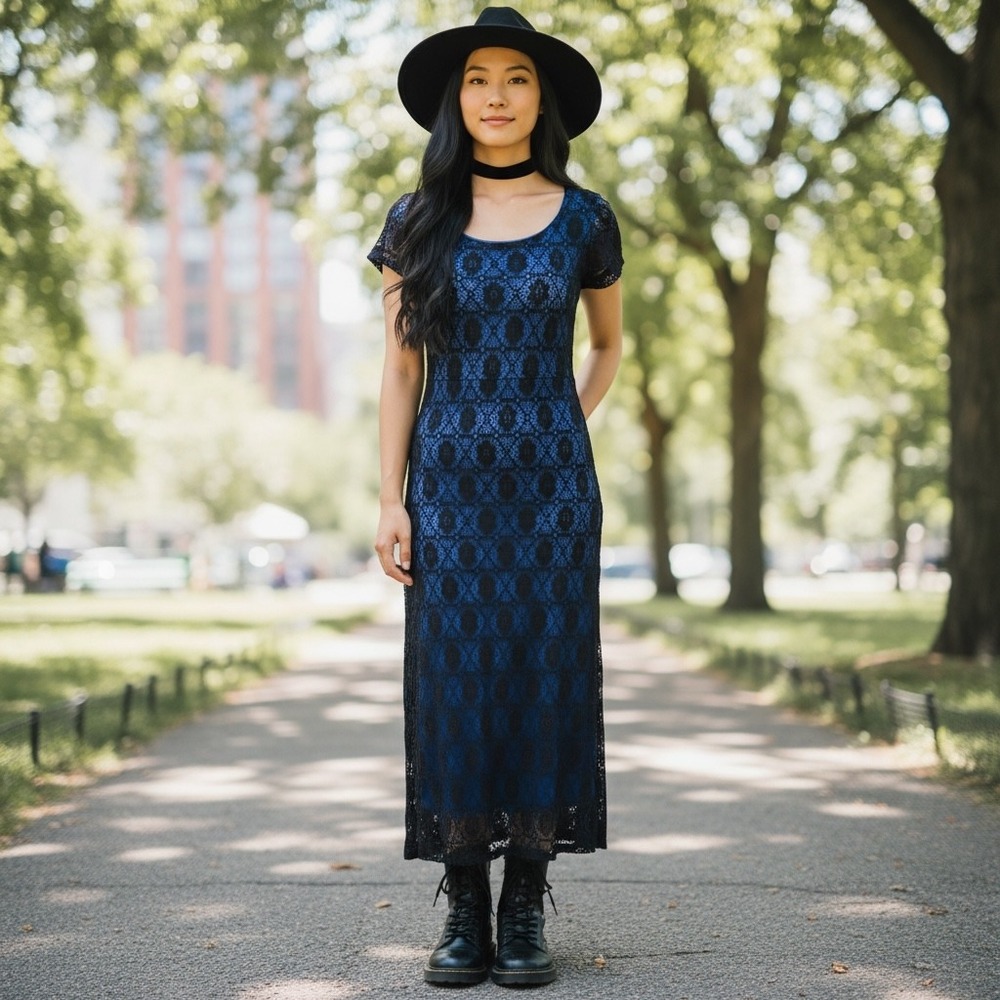 Y2K Womens Whimsigoth Long Dress 4 Black Lace Blue Edgy Fairy Grunge Witchy READ